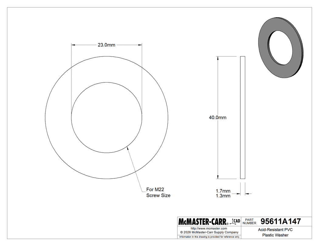 Technical Drawing of Acid-Resistant PVC Plastic Washer, for M22 Screw Size, 23.0 mm ID, 40.0 mm OD.